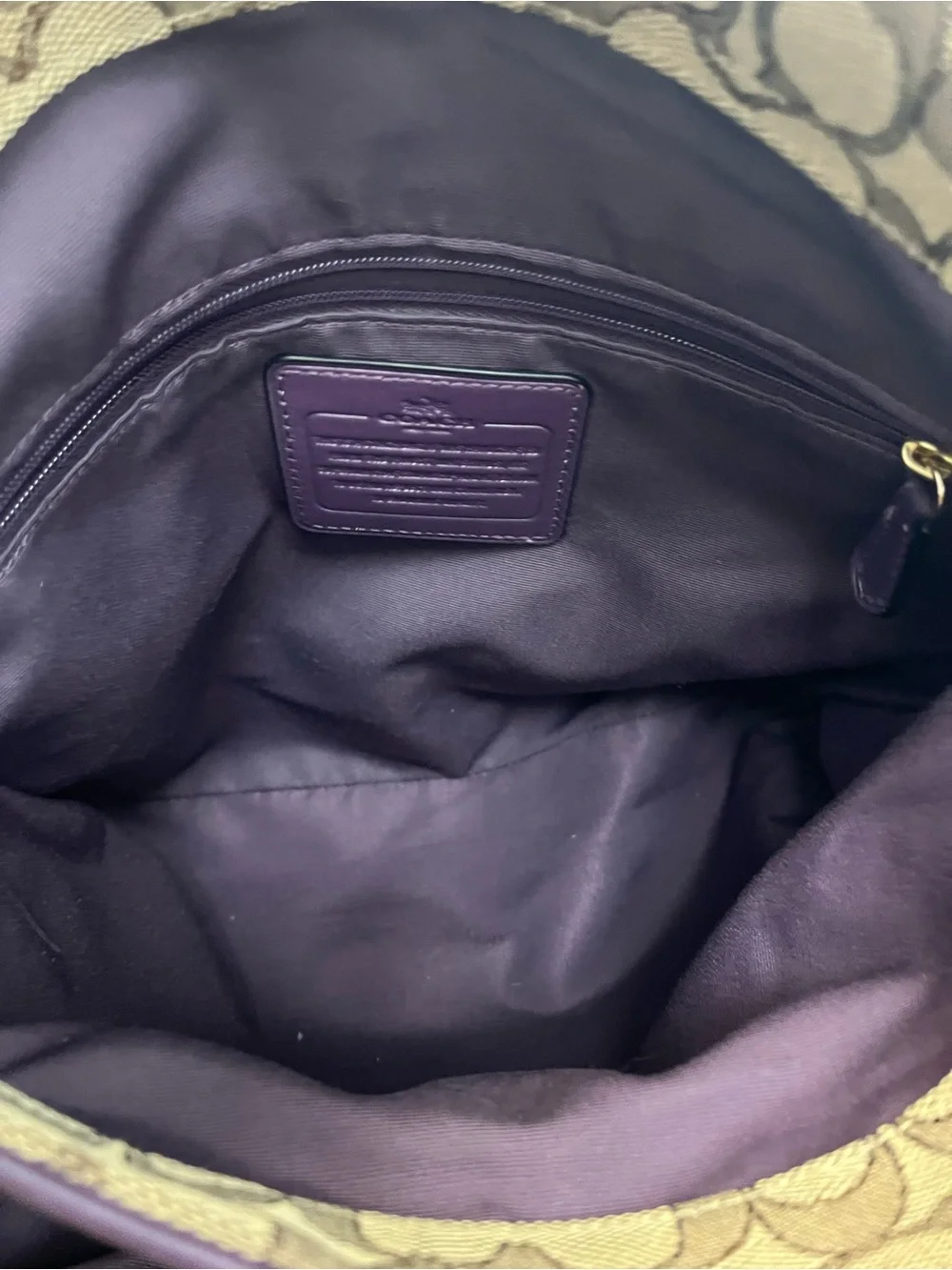 Coach Brown Signature Jacquard Shoulder Bag with Purple Trim. 3 compartments.GUC